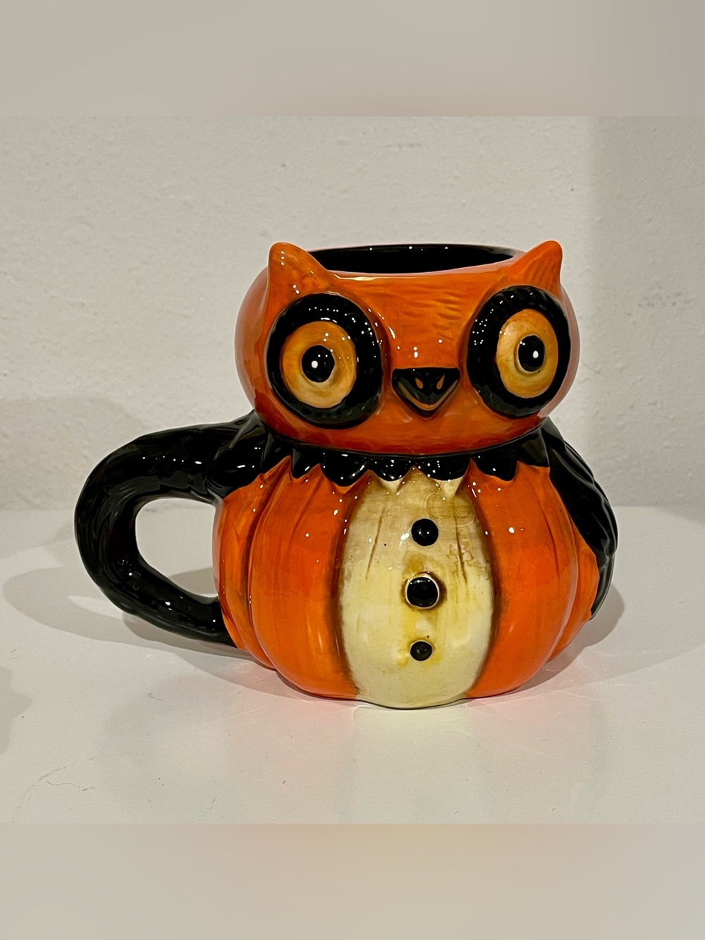 JOHANNA PARKER VINTAGE STYLE OWL PUMPKIN PEEP HALLOWEEN LARGE MUG CUP FOLK ART
